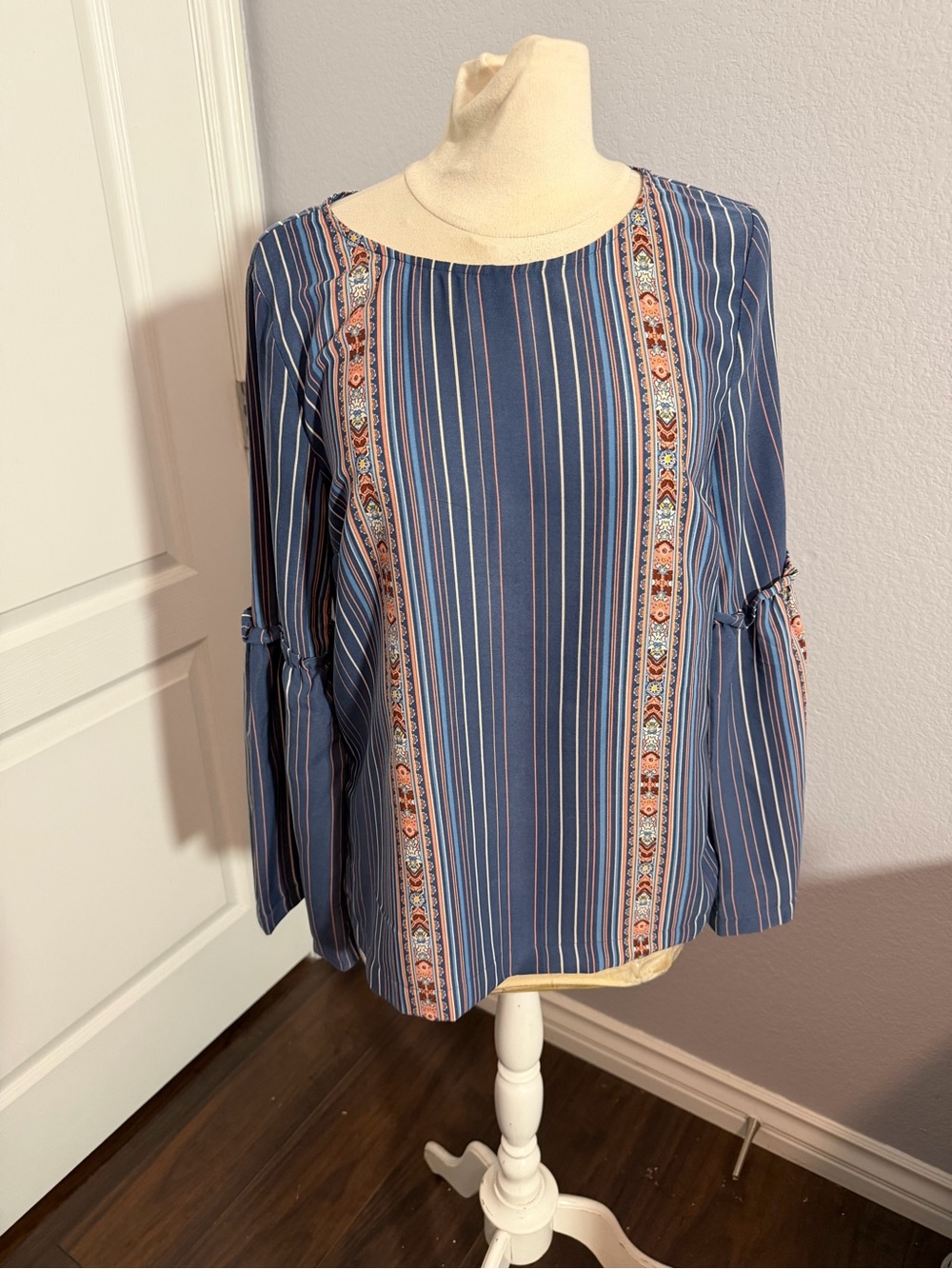 LC Lauren Conrad Blue Striped Embroidered Bell Sleeve Tunic